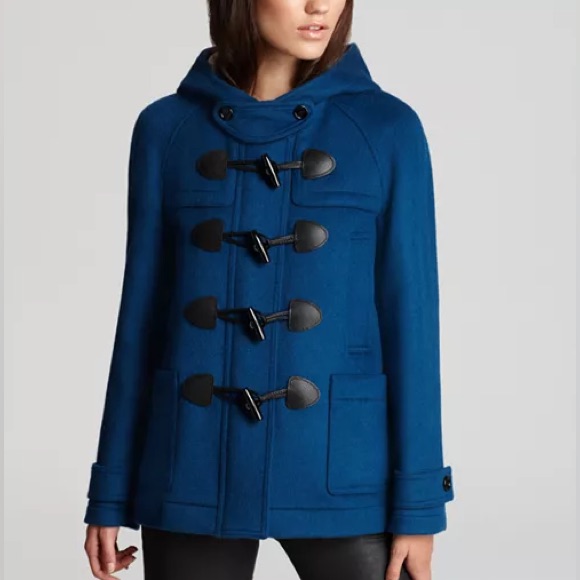 Burberry Yorkdale Hooded Toggle Swing Coat Turquoise Blue Wool Coat Hooded Check
